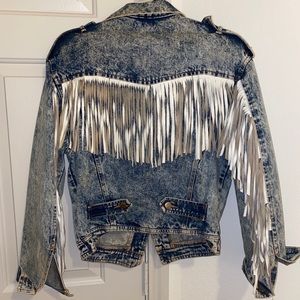 80’s washed denim jean jacket with leather fringe